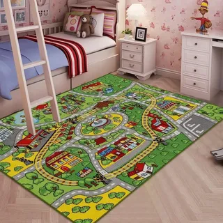 Booooom Jackson Kinder Spielteppich 133x190 cm Spielmatte Straße zum Fahren von Spielzeugautos Spielzeugautos auf Kindern Lernteppich zum Thema Straßenverkehr rutschfeste