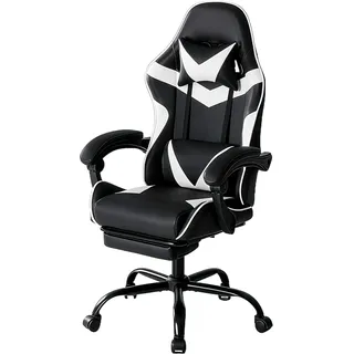 SURFOU Gaming Stuhl Ergonomischer Bürostuhl mit Stoffpolster, Fußstütze, Kopfstütze und Lendenstütze, höhenverstellbar, gepolstert, für PC und Gamer, bis 150kg, Drehstuhl, Schwarz-Weiß