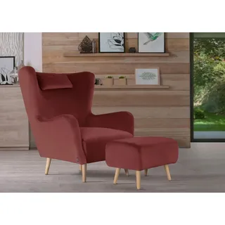 Home Affaire Ohrensessel Telford Samtvelours 77 x 106 x 92 cm Rot mit Hocker