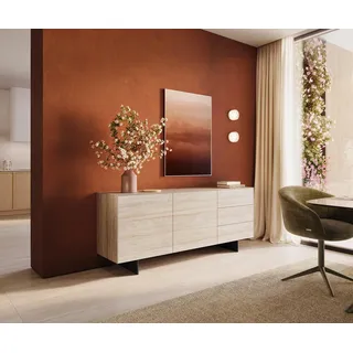 DELIFE Sideboard Cuor 180 cm Keramik Laminam® Travertino Bianco Creme-Weiß 2 Türen 3 Schubfächer Fuß Schwebeoptik Metall Schwarz - Creme, Weiß