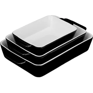 Relaxdays Auflaufform Set, 3 Größen, eckig, Keramik, spülmaschinenfest, Ofenform, für Lasagne und Gratins, schwarz/weiß, 6 x 33 x 20 cm