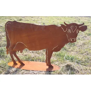 STEINFIGURENWELT GIEBEN Gartenfigur Kuh 55x86cm auf Platte Edelrost Gartendeko Wetterfest Rost Metall Rostfigur Tier Bauernhof Kühe Rind Stier