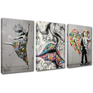 Banksy Street Art Decor Graffiti Wandkunst Liebe Herzförmige Gemälde Bilder Kuss Poster Kunstwerk 3-teilig Schlafzimmer Norse Home Decor Gerahmt Fertig zum Aufhängen Poster und Drucke Geschenk