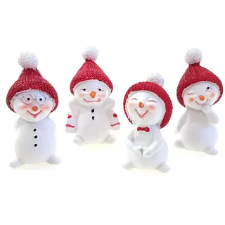 TEMPELWELT 4X Deko Figur Schneemann Im Set Je 5 cm Klein, Polystein Weiß Rot, Dekofigur Kranzdeko Winterdeko Weihnachten Schneemänner Winterfiguren
