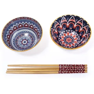 lachineuse - Set mit 2 ethnischen Schüsseln (Ø 11 cm) – Reisschüsseln, orientalische Suppe, Poke Bowl & Aperitif – 2 Paar Essstäbchen – Schalen Japan Asien Indien Ramadan – Geschenk asiatisches
