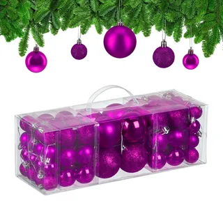 Relaxdays Weihnachtskugeln 76er Set, Kunststoff, glitzernde, Matte, glänzende Baumkugeln, Christbaumschmuck, pink