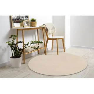 Mia's Teppiche Comfort Moderner Flauschiger Kurzflor Teppich, Anti-Rutsch Unterseite, Waschbar bis 30 Grad, Super Soft, Felloptik, Beige, 200 cm Rund