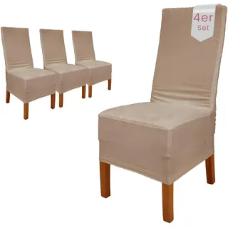 Scheffler Home Stuhlhussen Samt Stein-Beige 4er Set Puma – Elastische Stuhlbezüge für Hochlehner und Polsterstühle – Waschbar und formstabil