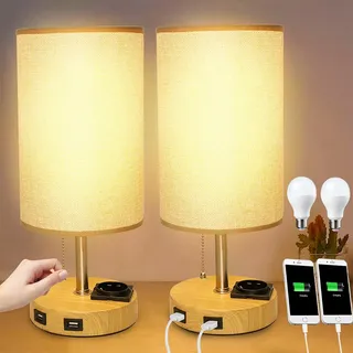Depuley 2 Nachttischlampe mit 2 USB-Ladeanschlüssen, Tischleuchte mit Zugkette, LED-Leuchtmittel E27 x 2, 5 W, Warmweiß, zum Lesen, Schlafzimmer, Büro, Wohnzimmer [Energieeffizienzklasse A+]