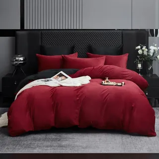 Gezu Winter Bettwäsche Plüsch 155x220cm Rot Weinrot Kaschmir Flanell Cashmere Touch Samt Warmer Wendefleece Bettbezug Set 155 x 220 mit 2 Kissenbezug 80x80 mit Reißverschlusscm