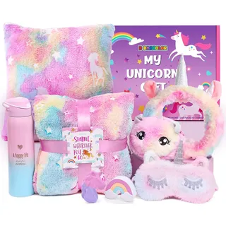 Toyssa Einhorn Geschenke für Mädchen 5 6 7 8 9 10 11 Jahren Leuchtend Einhorn Kuscheldecke Kissenbezug Edelstahl 500ml Thermosflaschen Haarband Badebomben Augenmaske Geburtstag Geschenk Mädchen