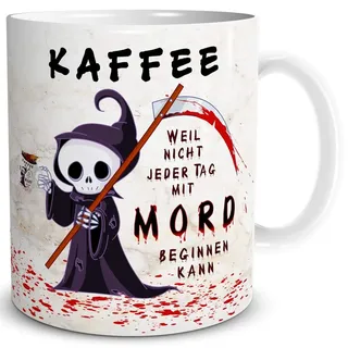 TRIOSK Tasse Kaffee Mord mit Spruch lustig Kaffeeliebe Fun Horror Geschenk für Arbeit Büro Kaffeeliebhaber Kollegen Männer Frauen Freundin Beige, Keramik 300ml