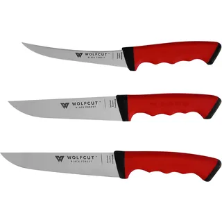 Wolfcut SoftGrip RED-Serie Fleischermesser-3 ́er-Set, Metzgermesser, Schlachtermesser aus Edelstahl - Profi-Qualität, Stechmesser, Fleischermesser und Ausbeinmesser gebogene flex Klinge