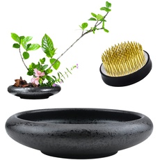 CRAFFANCY Blumenarrangement-Zubehör, tiefe, runde Keramik-Ikebana-Blumenvase mit 5 cm Kenzan-Blumenfrosch für Blumenarrangement, Heimdekoration, Schwarz gepunktet