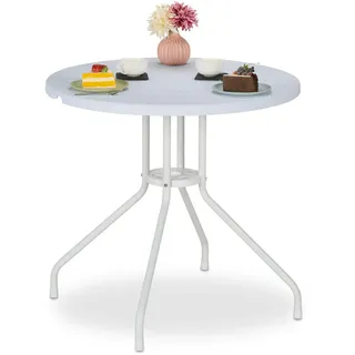 Relaxdays Gartentisch , Weiß , Kunststoff, Metall , Holz Optik , rund,Rund , 80x74x80 cm , Gartenmöbel, Gartentische, Balkontische