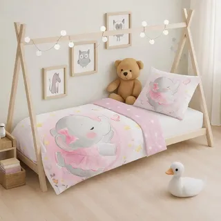 texpot Kinderbettwäsche Set 100 x 135 + 40 x 60 cm mit niedlichen Druckmotiven 100% Baumwolle Reißverschluss pflegeleicht (100 x 135 cm + 40 x 60 cm, Elefant)