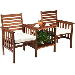 Sitzbank mit Tisch, 2-Sitzer Holzbank mit Sitzkissen & Schirmloch, Gartenbank aus Akazienholz bis 350 kg belastbar, Terrassenbank für Balkon, Garten, Terrasse, 165 x 65 x 88 cm