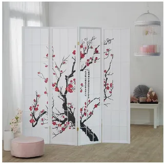 Homestyle4u Paravent 4-tlg. 176/179 cm Weiß Kirschmuster , Holz , 176x179x2 cm , Wohnzimmer, Raumteiler, Paravents