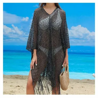 SHTGOI Damen Strandkleid Gestrickter Bikini Cover-Ups Netz Strandtuch Strandponcho mit Quasten Sonnenschutz Badeanzug Bedecken Elegante Strandbekleidung für Sommer Strand Bikini Swimsuit Schwarz
