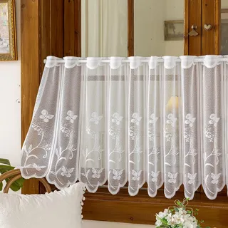 Tolldek Voile 1 stück Scheibengardinen Kurzgardinen Stickerei Bistrogardine Schmetterling Transparente Kurzstores Durchstangenzug Kurzvorhang Blattmuster für Küche BxH 180x45cm, Weiß