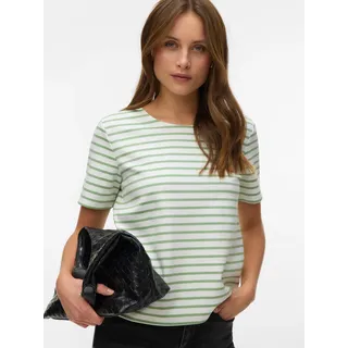 Rundhalsshirt VERO MODA "VMABBY SS ZIP TOP JRS NOOS", Damen, Gr. S, snow weiß stripes:mistletoe, Jersey, Obermaterial: 77% Polyester, 19% Viskose, 4% Elasthan, gestreift, normal, Rundhals, Shirts Rundhalsshirt, Materialmix, regular fit, Topseller
