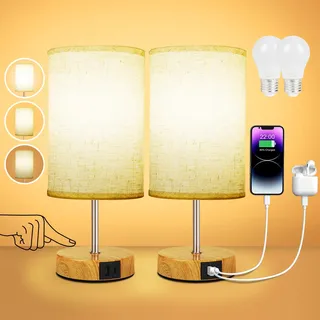 Suright Nachttischlampe Touch Dimmbar 2er Set, Tischlampe mit Ladefunktion USB A+C-Anschlüssen, Leinen-Lampenschirm, Holzsockel, Kleine Lampe für Schlafzimmer Wohnzimmer (LED-Birne Inklusive)