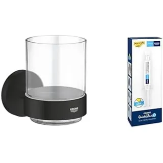 Grohe Start - Glas mit Halter- Set (Material: Glas/Metall, inkl. QuickGlue A1: Klebeset für einen Klebepunkt, verdeckte Befestigung), matt schwarz, 411942430