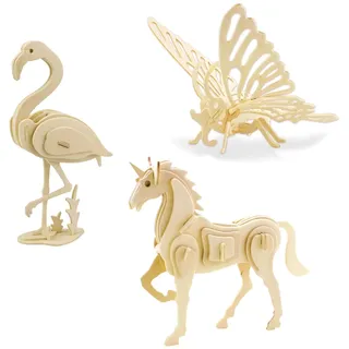 Georgie Porgy Hölzerne 3D Puzzle Sammlung Puzzle Modell Kit Baukasten Holzhandwerk Kinder Puzzle Pädagogisches Spielzeug DIY Geschenk Packung 3 (Schmetterling Einhorn Flamingo)