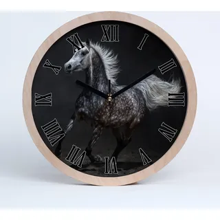 Holzuhr 30fi cm wanduhr - schwarze Spitzen - grau arabisches Pferd - Schwarz