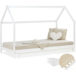 Homestyle4u Kinderbett ausziehbar Hausbett 90x200 2 Matratzen Lattenrost Ausziehbett - 206 cm X 142 cm X 100 cm