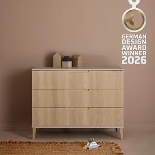Paidi "JONTE in Beige & Eichefarben, 3 Schubladen mit Soft-Close, Vollauszug", bis 50 kg Kommode 124 cm Breite, Wickeltisch mit Massivholz-Füßen 124 cm, cashmere, beige, stripy light oak, cashmere, beige,
