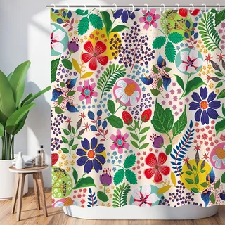 LIVILAN Duschvorhang mit Blumenmuster, bunt, Blume, Boho, hell, einzigartiger Stoff, Bohemian-Duschvorhang für Badezimmer, mit 12 Haken, 183 x 183 cm
