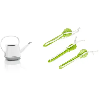 Lechuza YULA Gießkanne, Hochwertiger Kunststoff, Weiß/Grau, 1,7 l Fassungsvermögen, Mit Tropfschutz, 13860 & 3er Set Bewässerungsstick