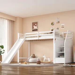 Flieks Etagenbett 90x200cm mit Rutsche, Kinderbett mit Rausfallschutz und Schubladen, Hochbett mit Treppe, Einzelbett Holzbett mit Lattenrost, Weiß - Weiß