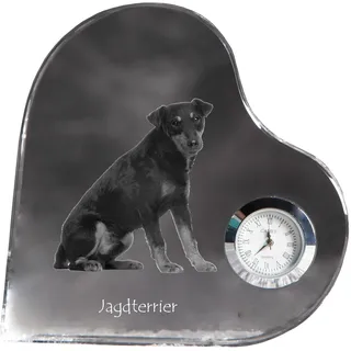 Jagdterrier - Kristalluhr mit einem Hundebild, Herzregal-Uhr, personalisierte Standuhr der Marke Art-Dog - Transparent