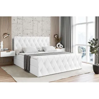 ALTDECOR Boxspringbett mit Matratze und Lattenrost - AMAY - 200x200 cm - Weiß Kunstleder - Boxbett, Fußteil, Topper, Polsterbett mit Bettkasten, Bett mit Stauraum H3 -Matratze, Doppelbett, Springboxbett - Weiß