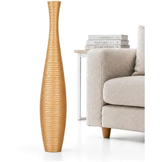 Leewadee Große Hohe Bodenvase 85 cm - Handgefertigte Mangoholz-Bodenvase in Gold für Pampasgras & Trockenblumen