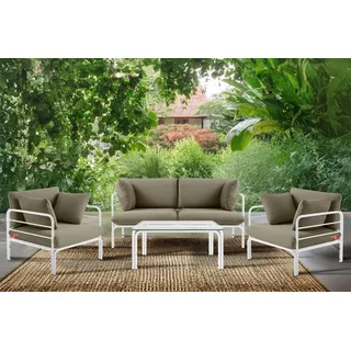 Konsimo Gartenmöbelset RAMBE 4-tlg. 1x Tisch 2x Sessel 1x Sofa 2-Sitzer, mit Kissen, LOFT-STIL, Weiß/Cremeweiß - Creme