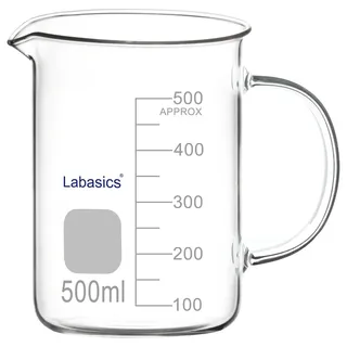 Labasics Glasbecher, G3.3 Borosilikat Laborglas Messbecher Transparenter Messbecher Becher mit Griff und Ausguss, 500 ml