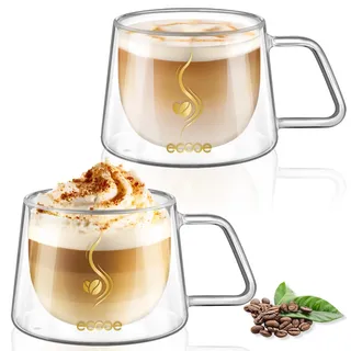 ecooe Doppelwandige Kaffeegläser 350ml Latte Macchiato Gläser 2er Set, Borosilikatglas Kaffeetassen Glas Doppelwandig Kaffeeglas Teegläser mit Henkel Löffel für Cappuccino, Tee, EIS, Milch, Bier