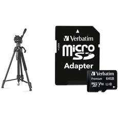 Hama Stativ Kamera Action 153 3D, schwarz & Verbatim Premium Micro SDXC Speicherkarte mit Adapter, 64 GB, Datenspeicher für Foto- und Video-Aufnahmen, Micro SD Karte in schwarz