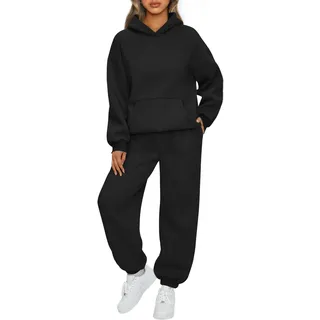 AUTOMET, 2-teiliges Damen-Outfit, Lounge-Kapuzenpullover, Sweatshirt, Oversize-Sweatshirt, Schlabberlook, Herbstmode, Jogginghose mit Taschen, Schwarz, Medium