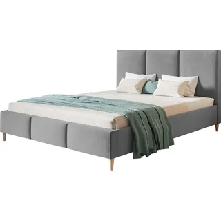 Polsterbett LUX SIENA mit Kopfteil, 140 x 200 cm, Doppelbett mit Lattenrost aus Holz, Velourstoff Grau, Füße in Farbe: Braun - Grau, Braun