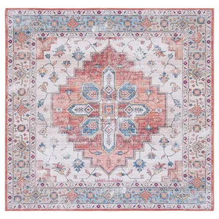 SAFAVIEH Traditionell Teppich für Maschinenwaschbar und rutschfest - Ideal für stark frequentierte Bereiche - Tucson Collection, Kurzer Flor, Blau und Beige, 120 X 120 cm