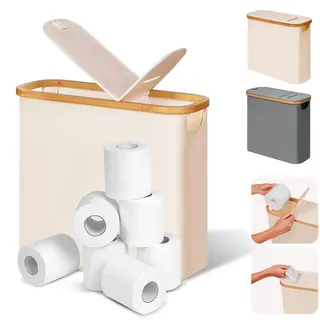 efluky 28L 2-in-1 Toilettenpapier Aufbewahrung Korb aus Bambus mit Papierauslass, Toilet Paper Organizer, Klopapier Aufbewahrung mit Deckel, Faltbarer Aufbewahrung Box für Badezimmer, WC (Beige)