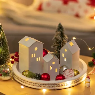 Sziqiqi Weihnachtshäuser Weihnachtsdeko Weihnachten Haus: Lichthaus Weiss Metall Set of 3 - Weihnachtsdorf Weiß - Weihnachtshaus Modern Mini Häuser Deko für Tischdeko Wohnzimmer Fensterbank