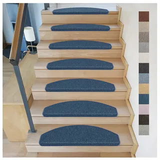 Metzker Stufenmatten Treppenteppich Göteborg 15 Stück Blau | Sisal-Optik in aktuellen Farben incl. Klebeband | Trittfläche Halbrund 65x24cm