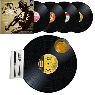 MikaMax – Vinyl Platzsets – Runde Schallplatten Platzsets – Tischdekoration – 3 mm Dick Retro Set aus 4 – Nostalgische Schallplatten – Schwarz – Robuster und Langlebiger Tischschutz