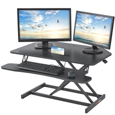 Bild Höhenverstellbarer Schreibtischaufsatz 915 x 600 mm Stehpult mit Tastaturablage, Schnell Sitz Steh Doppellagiger Computertisch Stehpult Konverter 20 kg Belastbarkeit für 2 Monitore Schwarz