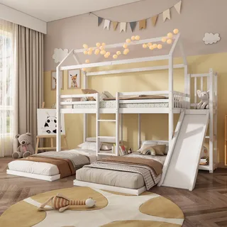 Sweiko Etagenbett, Kinderbett, Stabile Bettrahmenkonstruktion, mit Rutsche, Einzigartiges Dachdesign, Design mit drei Schlafplätzen, Stauraum im oberen Bett, Kiefer+MDF, weiß, 90x200cm - Weiß